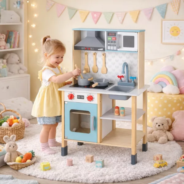 Детска дървена кухня с аксесоари игра за готвене с дете в стая Tooky Toy 3+