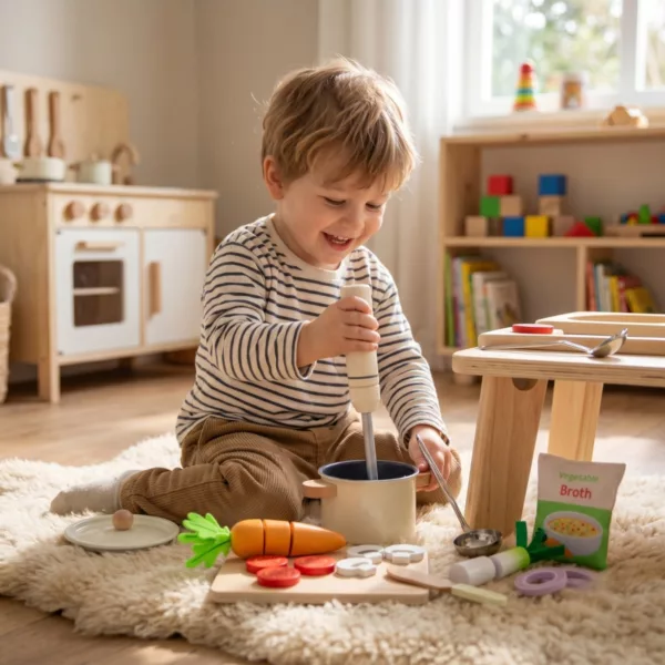 Момче играе с детски комплект Да сготвим супа New Classic Toys 3+