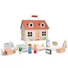 Сгъваема къща за кукли с мебели от New Classic Toys в пастелни цветове