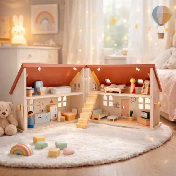 Сгъваема къща за кукли с мебели от New Classic Toys в детска стая