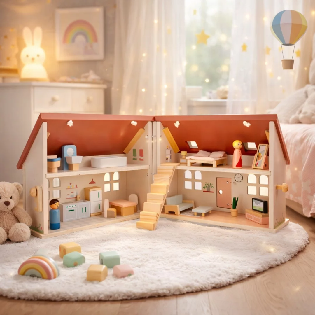 Сгъваема къща за кукли с мебели от New Classic Toys в детска стая