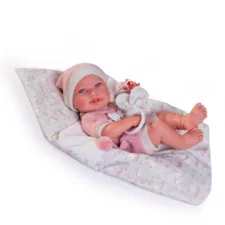 Винилово бебе Пипа с чувалче и залъгалка на цветна постелка със зайчета