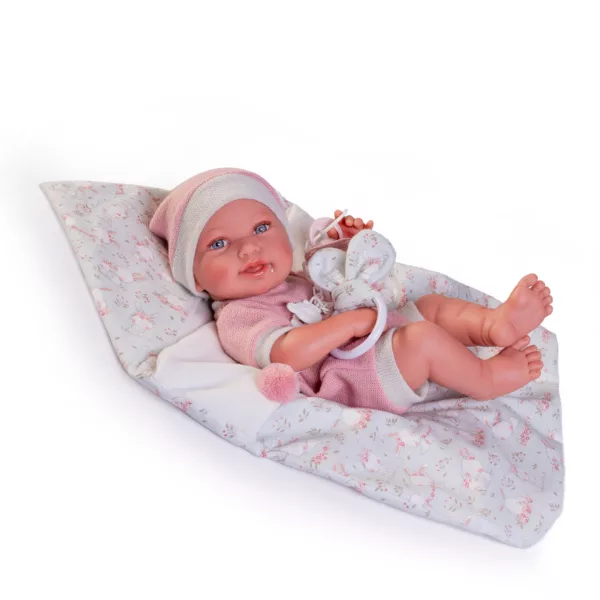 Винилово бебе Пипа с чувалче и залъгалка на цветна постелка със зайчета
