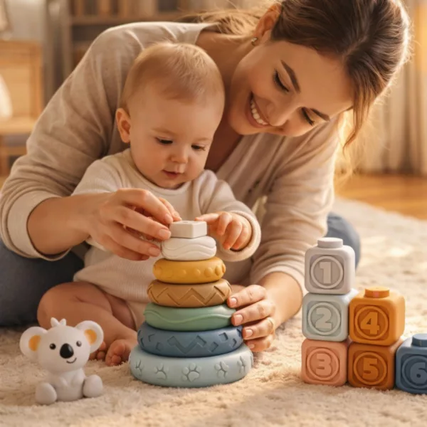 Сензорни играчки коала пирамида и кубчета майка и бебе игра силикон 6м+