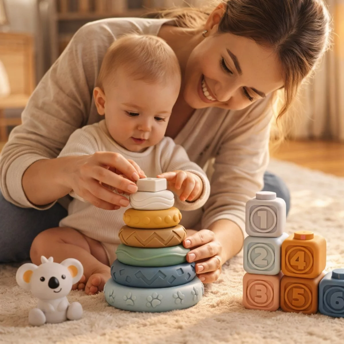 Сензорни играчки коала пирамида и кубчета майка и бебе игра силикон 6м+