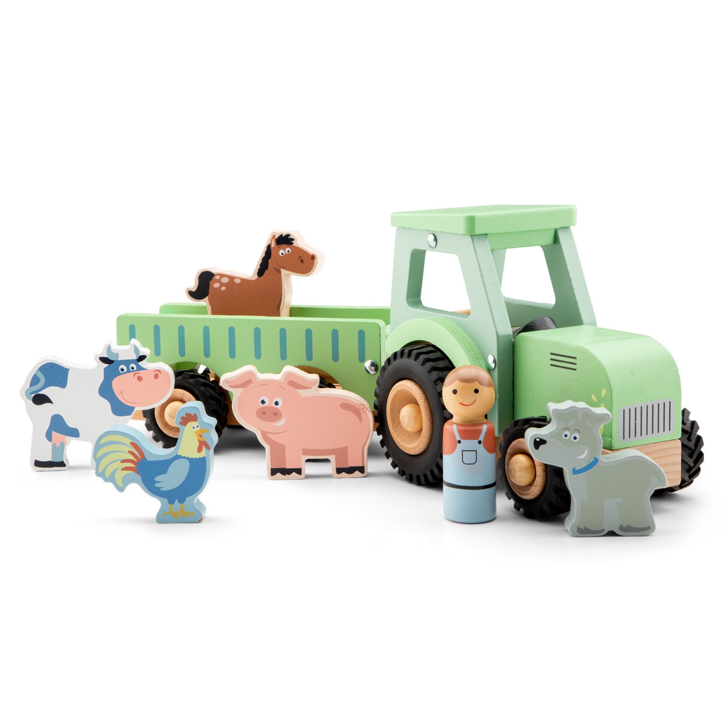 Дървена играчка - Трактор с ремарке, животни и фермер 1