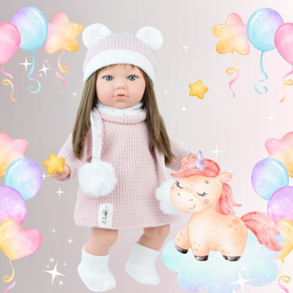 Детска кукла Алина с рокля и шапка 45 см. -готова за разходка