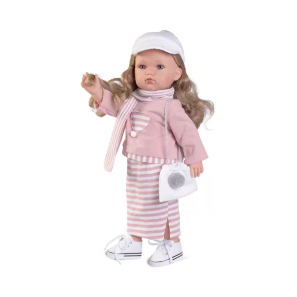 Детска кукла Белла с розова блуза райета и бяла каскетка за игра