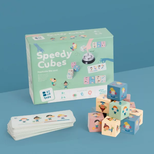 Детска настолна игра Бързи кубчета с цветни дървени кубчета и карти 6+ години
