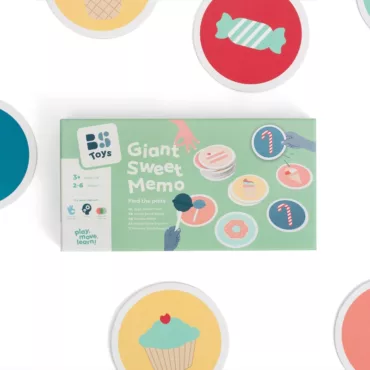 Настолна мемори игра Сладкиши от BS Toys в зелена кутия с големи кръгли карти за 3+