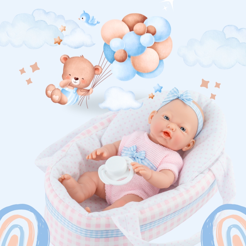 Сладко бебе в кошче с биберон - 21 см. с лента