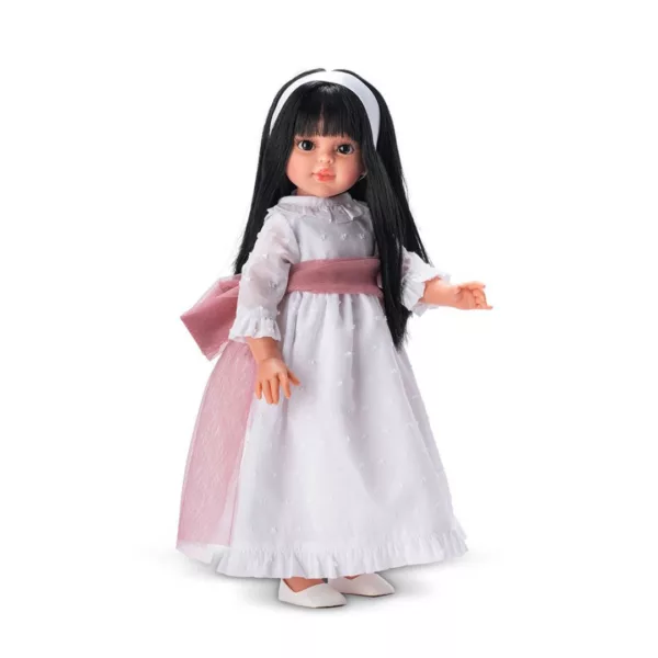 Кукла Сабрина в пълна ръст с черна коса празнична рокля и розова панделка