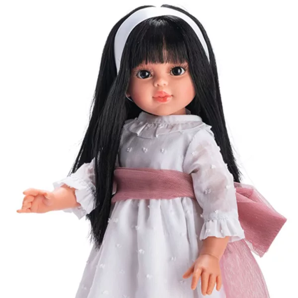 Детайлно лице кукла Сабрина с черна коса бяла лента реалистични очи ASI