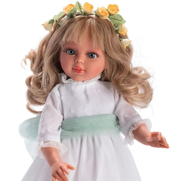 Детайлно лице кукла Сабрина с руса коса венче от цветя реалистични очи