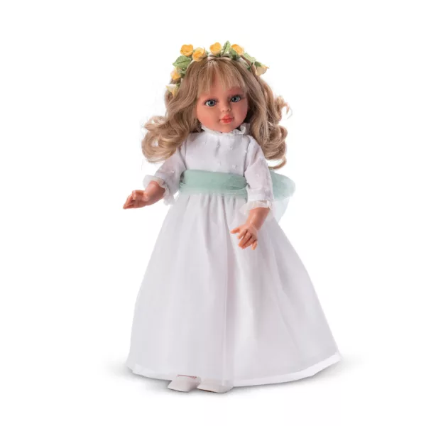 Кукла Сабрина в пълна ръст с бяла празнична рокля и цветно венче