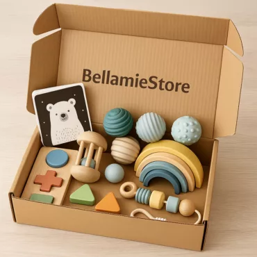 Пълен комплект Монтесори играчки от BellamieStore с дървена дъга и сензорни топки в еко кутия
