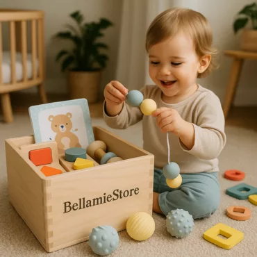 Усмихнато бебе играе с дървени играчки от Монтесори комплекта на BellamieStore