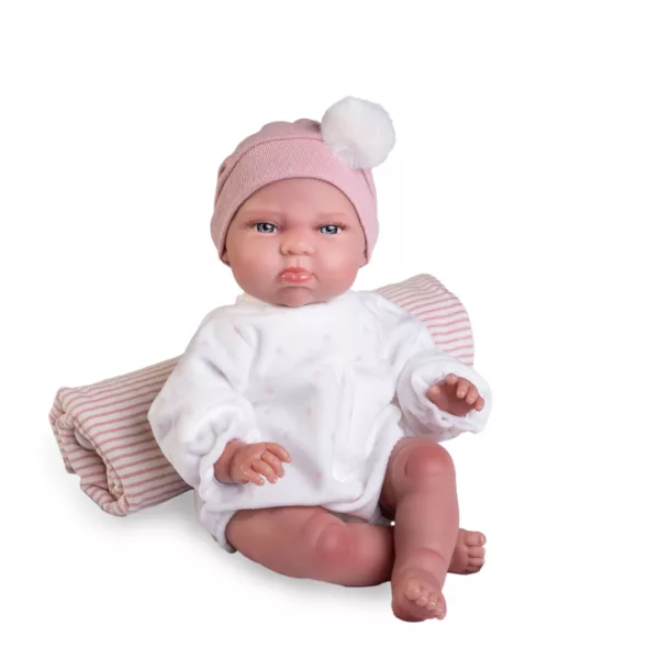 Седяща кукла бебе Тея с бяло боди и розова шапка за момичета деца