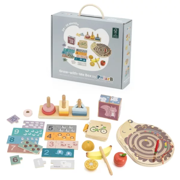 Монтесори кутия Grow-with-Me Box от PolarB с опаковка и пълно съдържание на играчките за деца 24-36 месеца