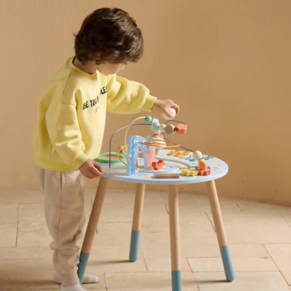 Дървена маса за активности с лабиринт и инструменти морски дизайн 18м+