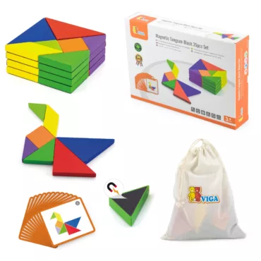 Дървен танграм Viga Toys с магнитни форми карти и текстилна торбичка