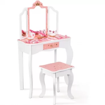 Дървена тоалетка с табуретка, огледало и розови аксесоари Tooky Toy 3+