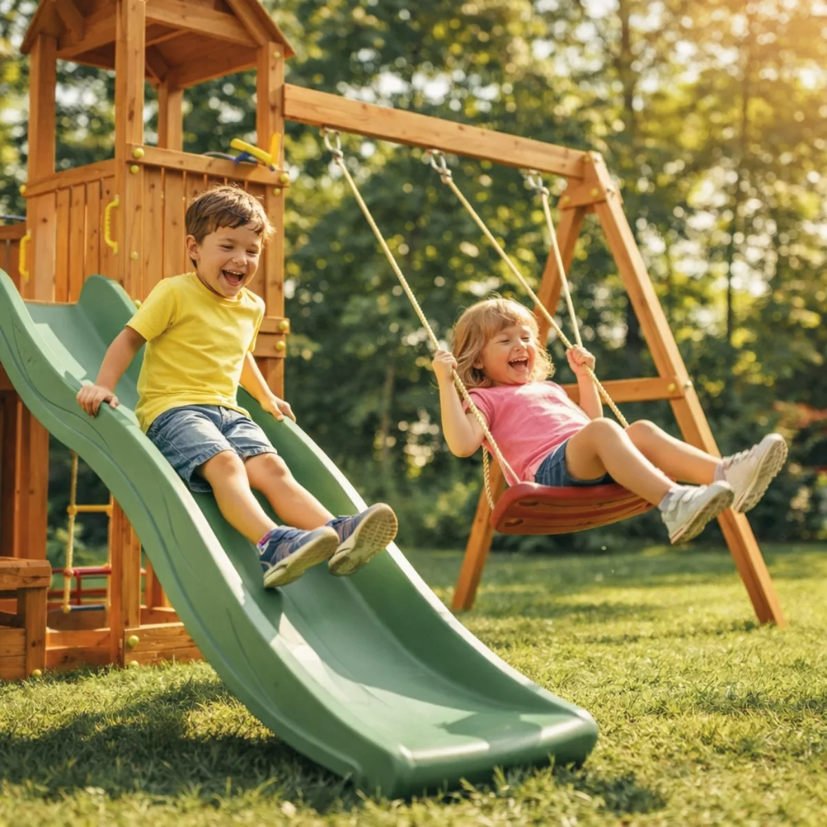 Детска площадка Fungoo Activer с пързалка и люлка дървена за двор активна игра деца