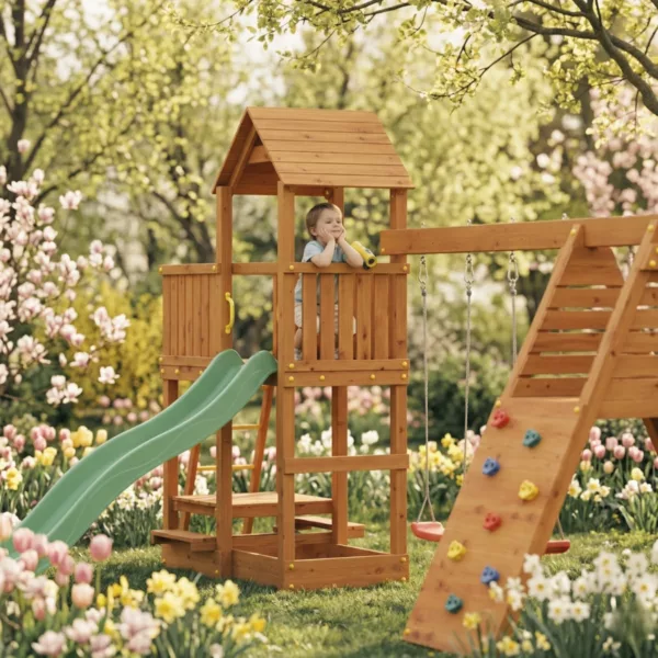 Дървена детска площадка с пързалка и две люлки Fungoo FLUPPI DOUBLE в градина