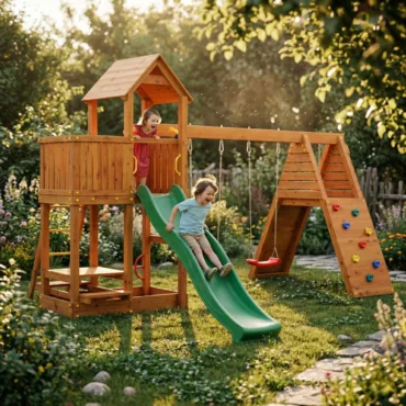 Дървена детска площадка с пързалка две люлки и катерене Fungoo FLUPPI DOUBLE