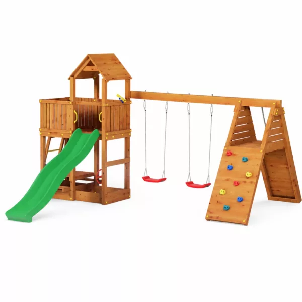 Дървена детска площадка с две люлки пързалка и пикник зона Fungoo FLUPPI DOUBLE