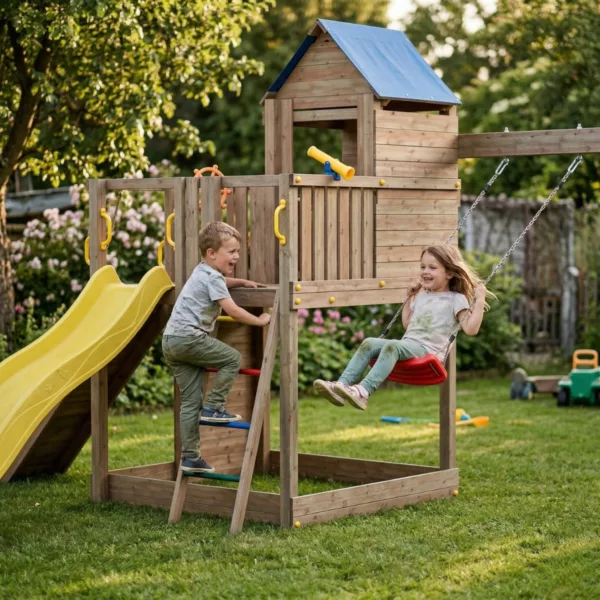 Детска площадка Fungoo Treehouse с пързалка люлка и къщичка дървена за двор игра деца