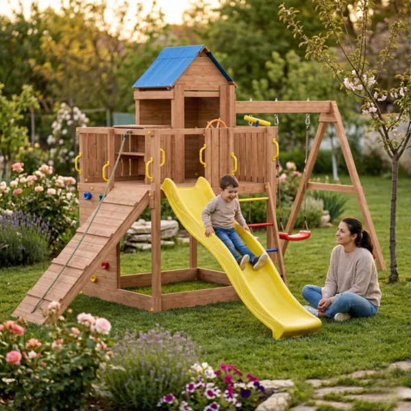 Детска площадка Fungoo Treehouse с пързалка дървена люлка и катерушка за двор игра