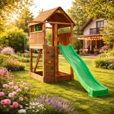 Детска площадка Fungoo Fortress с пързалка и кула дървена катерушка за двор деца 3+