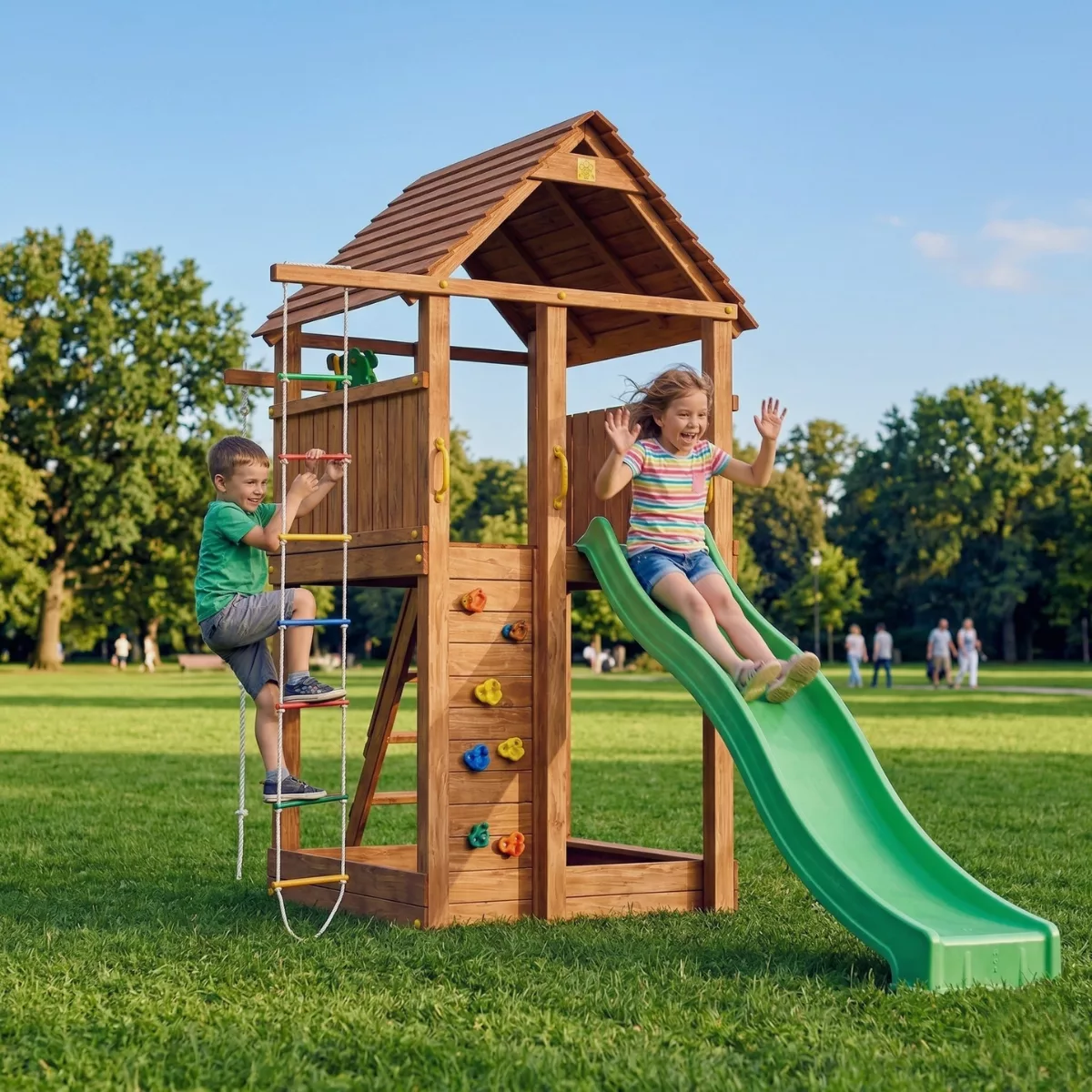 Детска площадка Fungoo Fortress с пързалка и катерушка дървена кула за двор деца игра