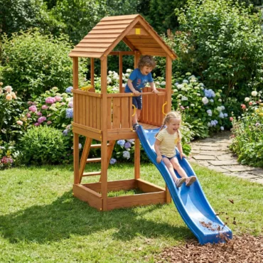Детска площадка Fungoo Joy с пързалка и кула дървена катерушка с пясъчник за двор деца 3+