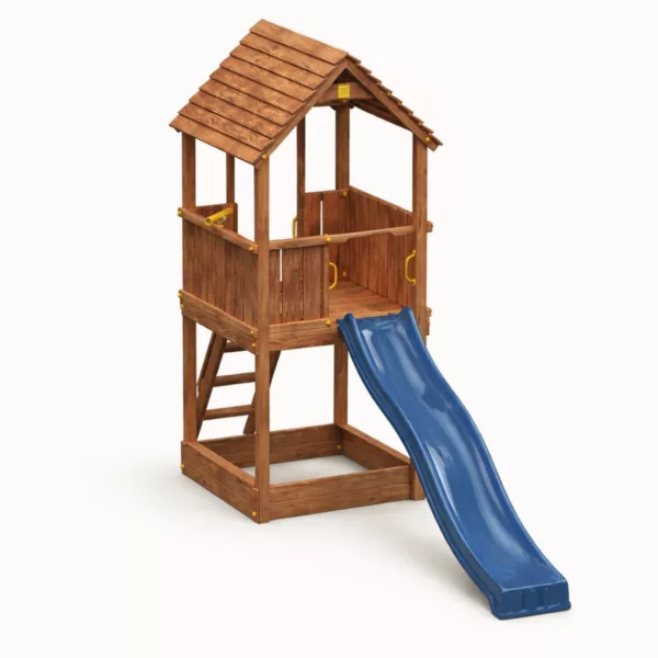 Детска площадка Fungoo Joy дървена катерушка с пързалка кула и пясъчник за двор