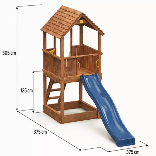 Детска площадка Fungoo Joy размери дървена катерушка с пързалка и пясъчник за двор
