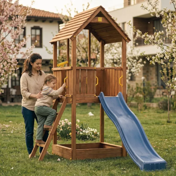 Детска площадка Fungoo Joy дървена с пързалка и кула за двор игра майка и дете