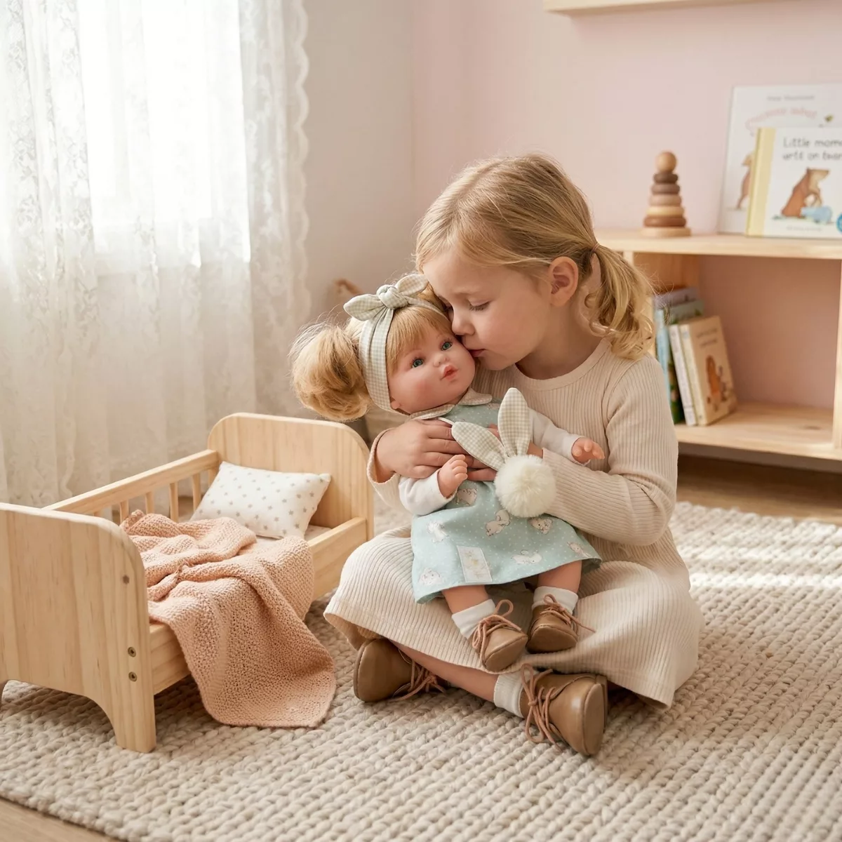 Момиченце гушка детска кукла Мона с меко тяло и звуков механизъм от Marina and Pau