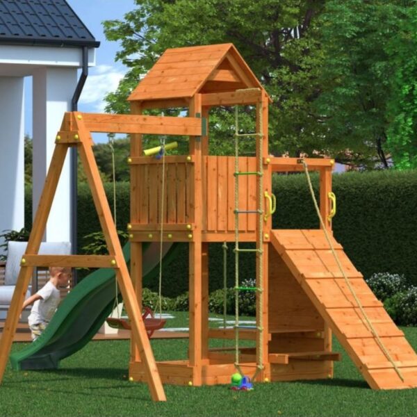 Детска площадка Fungoo Activer – страничен изглед с пързалка и катерушка