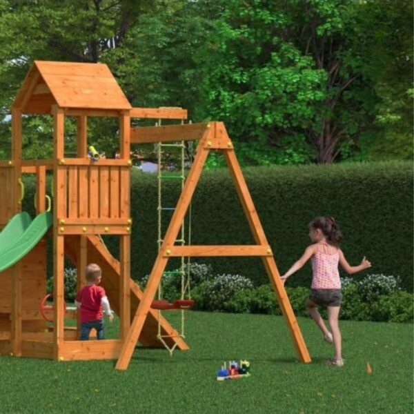 Детска площадка Fungoo Activer – изглед отзад с люлка и въжена стълба