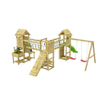 Детска площадка с 3 кули пързалка и люлка Fungoo Optimizer – цялостен изглед на съоръжението с три свързани кули, въжени мостове и пързалка.