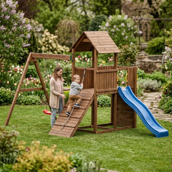 Детска площадка Fungoo Carol 3 дървена с пързалка и люлка за двор игра майка и дете