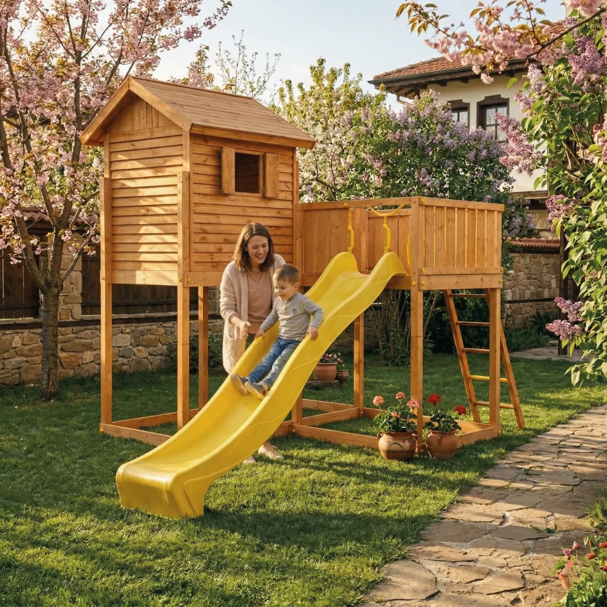 Детска площадка Fungoo MySide с пързалка и къщичка дървена за двор игра родител и дете