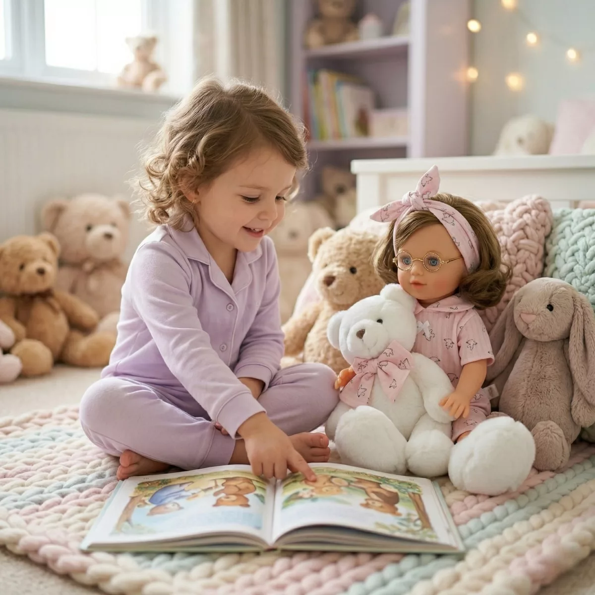 Кукла Марина с пижама и мече за ролеви игри и четене за деца 3+