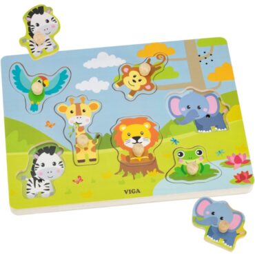 Звуците на джунглата – Дървен образователен пъзел с животни от Viga Toys