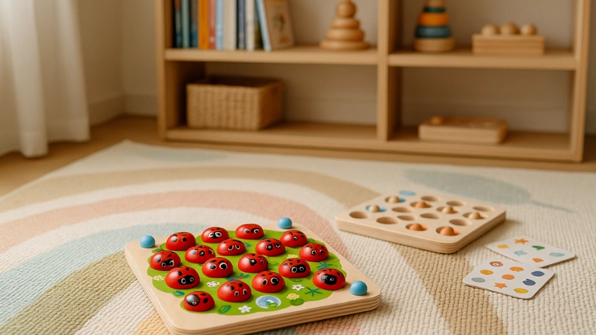 Дървени образователни играчки на килим в детска стая с калинки за памет и запознаване с нови предмети и форми