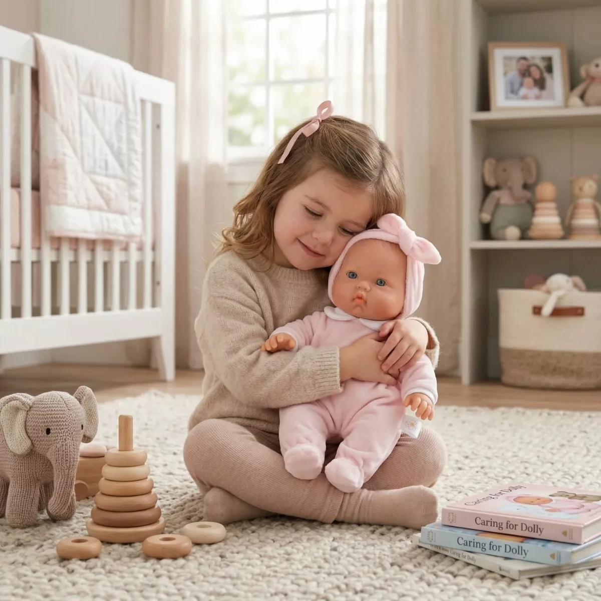 Бебе кукла Бети с розов гащеризон и плюшено мече в оригинална кутия Marina and Pau