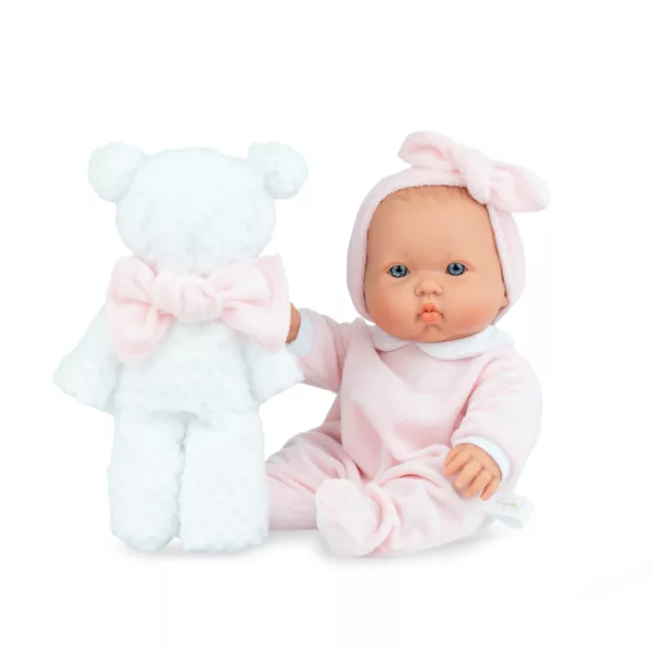 Бебе кукла Бети с розов гащеризон и плюшено мече в уютна детска стая с играчки