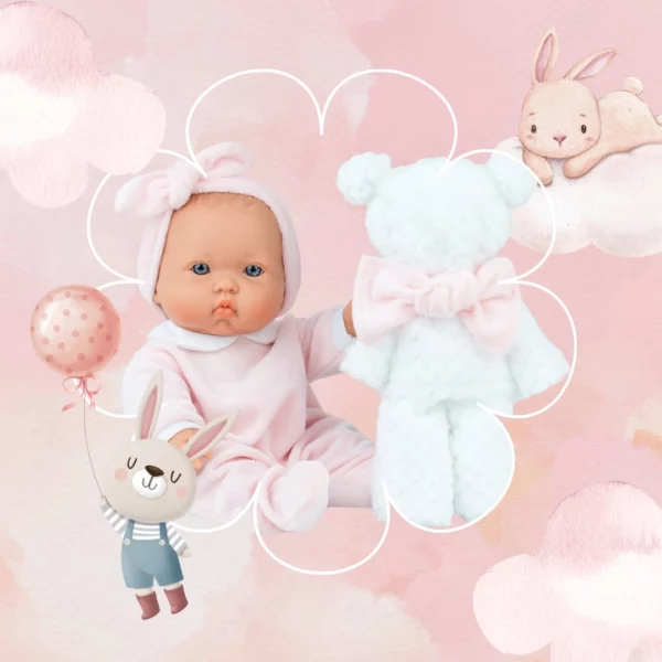 Художествена композиция с Бебе Бети и бяло мече на розов фон с облачета и балончета